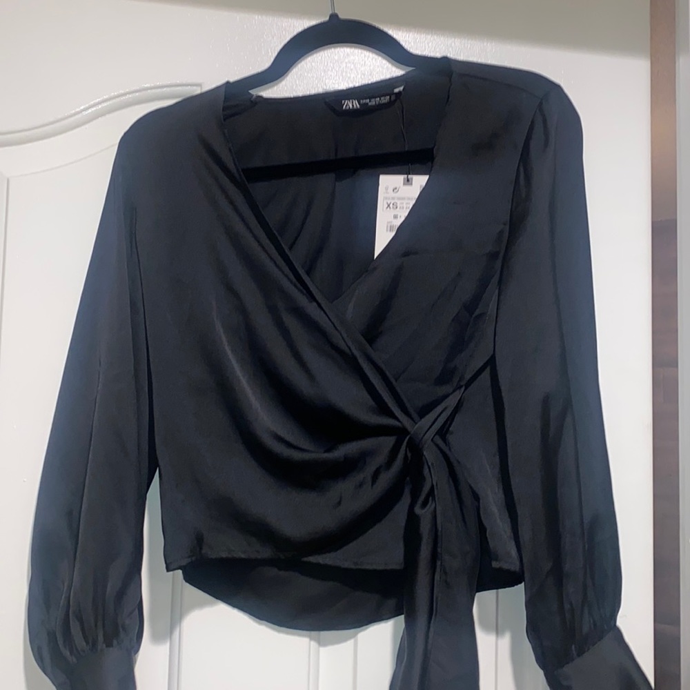 Satin black wrap top
